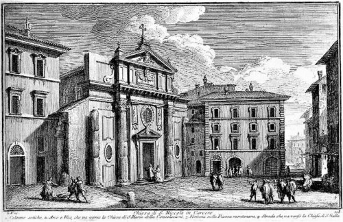 San Nicola in Carcere, widok kościoła w XVIII w., weduta - Giuseppe Vasi, zdj. Wikipedia