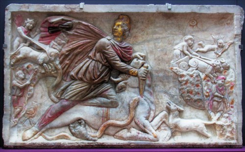 Slab with the image of Mithra from the mithraeum in the underground of the Church of Santa Prisca, currently in Museo Nazionale Romano alle Terme