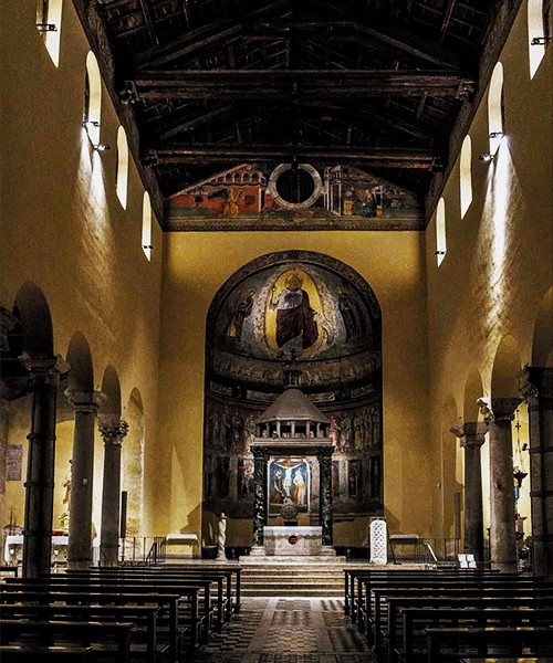 Basilica of San Saba, main nave, open roof truss and Cosmati floor