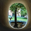 Santa Sabina, okienko w przedsionku kościoła z widokiem na klasztorny wirydarz i legendarne drzewko św. Dominika