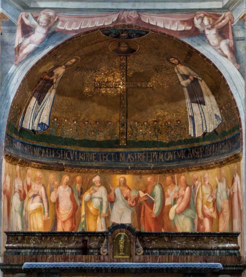 San Stefano Rotondo, mozaika w absydzie z przedstawieniem śś. Prymusa i Felicjana, poniżej freski z końca XVI w.
