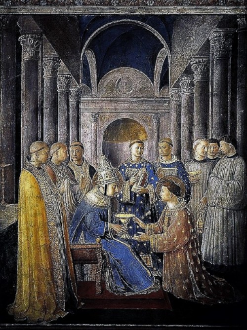 Papież Mikołaj V jako Sykstus II, Fra Angelico, kaplica Mikołaja (Cappella Niccolina) zdj. WIKIPEDIA
