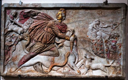 Mithra killing a bull (Mithra Taurobolium) – slab from the sanctuary in the underground of the Church of Santa  Prisca, Museo Nazionale Romano, Palazzo Massimo alle Terme