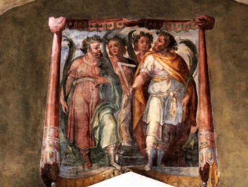 Oratorio San Silvestro by the Church of Santi Quattro Coronati, fresco depicting the Four Coronati in the enterance lintel