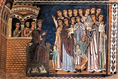 Oratorio San Silvestro przy kościele Santi Quattro Coronati, scena z matkami błagającymi cesarza Konstantyna o ratunek dla swych dzieci