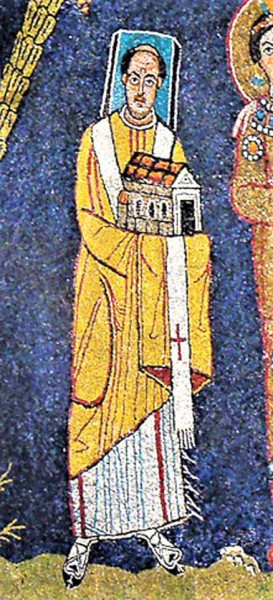 Papież Paschalis I, kościół Santa Prassede, mozaika w absydzie, papież z modelem fundowanej przez siebie świątyni