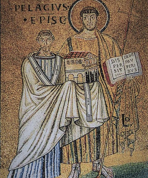Papież Pelagiusz II (ukazany jako fundator kościoła) adorowany przez św. Wawrzyńca, kościół San Lorenzo fuori le mura
