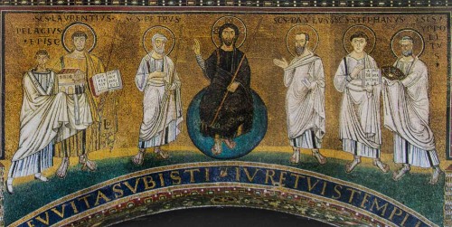 Mosaic on the triumphal arch of the Church of San Lorenzo fuori le mura. St. Stephen on the right