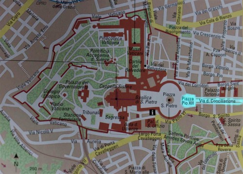 Mapa ukazująca via della Conciliazione i Piazza Pio XII - powstałe z dawnej spiny del Borgo