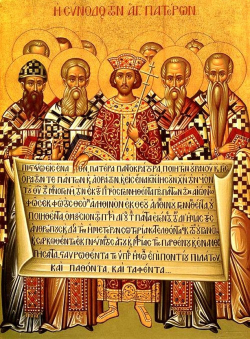 Ikona ukazująca Konstantyna Wielkiego i biskupów na soborze w Nicei, zdj. Wikipedia