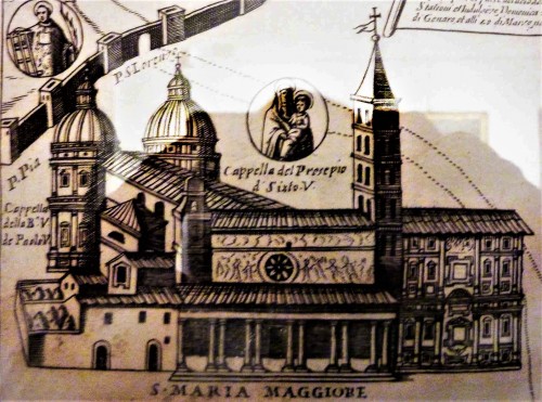 Bryła bazyliki Santa Maria Maggiore na średniowiecznej rycinie, Museo di Santa Maria Maggiore