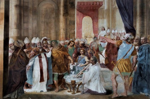 The Burning of Aryan Texts at the Council of Nicaea, fresco by Carlo Mannoni, Baptistery of San Giovanni in Laterano