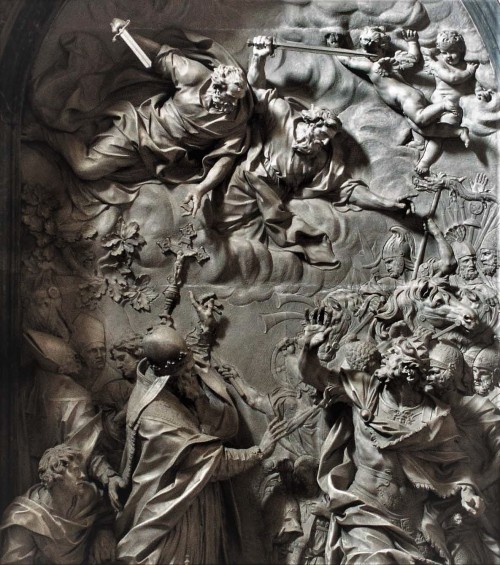 Papież Leon I pertraktujący z Attylą, wspierany przez świętych Piotra i Pawła, fragment ołtarza, Alessandro Algardi, bazylika San Pietro in Vaticano