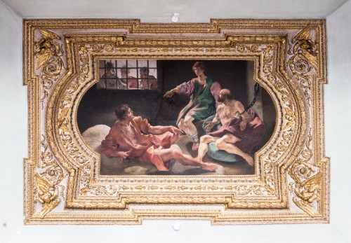 Palazzo Mattei di Giove, painting decorations of the salon ceiling, Joseph interprets dreams for the cupbearer and baker, Giovanni Lanfraco