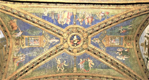 Borgia Apartments Apostolic Palace, frescos by Pinturicchio, papal coat of arms in the middle of the vault