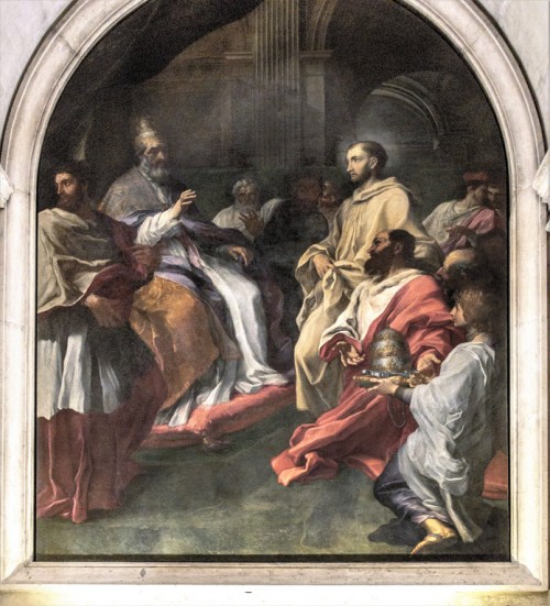 Carlo Maratti, Św. Bernard nakłania  antypapieża Wiktora IV do  podporządkowania się papieżowi Innocentemu II, bazylika Santa Croce in Gerusalemme