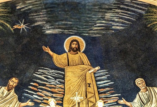 Santi Cosma e Damiano, część środkowa mozaiki absydy - Chrystus między śś. Piotrem i Pawłem