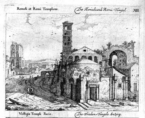 Widok kościoła Santi Cosma e Damiano od strony Forum Romanum, 1665 r., Giovanni Battista Falda, zdj. Wikipedia