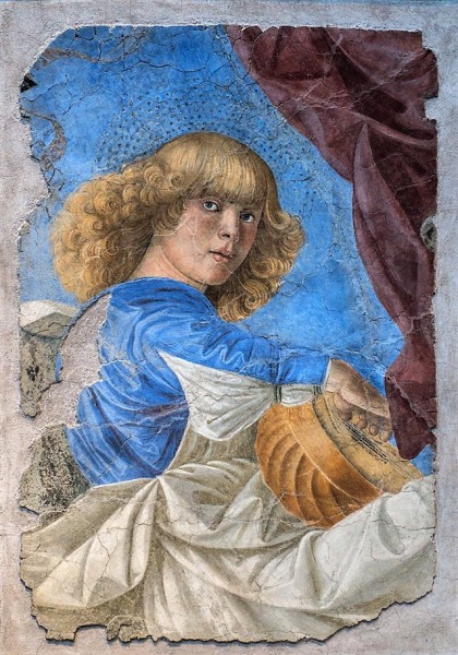 Melozzo da Forlì, jeden z muzykujących aniołów z dawnej absydy kościoła Santi XII Apostoli, obecnie Pinacoteca Vaticana