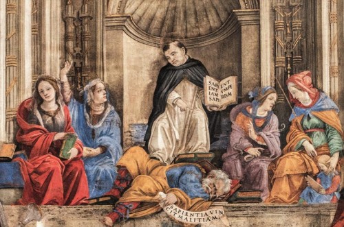 Kaplica Carafy, św. Tomasz z Akwinu, personifikacje nauk i leżący Awerroes, Filippino Lippi, bazylika Santa Maria sopra Minerva