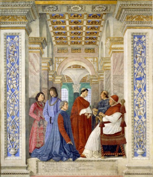 Papież Sykstus IV powołuje Bartolomea Platinę na prefekta Biblioteki Watykańskiej, Melozzo da Forlì, Pinacoteca Vaticana, zdj. Wikipedia