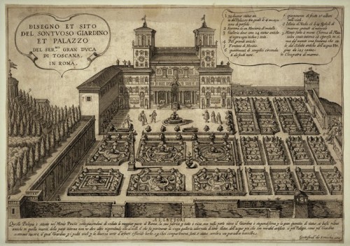 Rycina z ok. 1600 r. ukazująca casino i ogrody willi Medici
