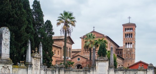 Aventine Hill, view from the Knights of Malta Square onto the buildings of the monastery and Church of Sant’Anselmo