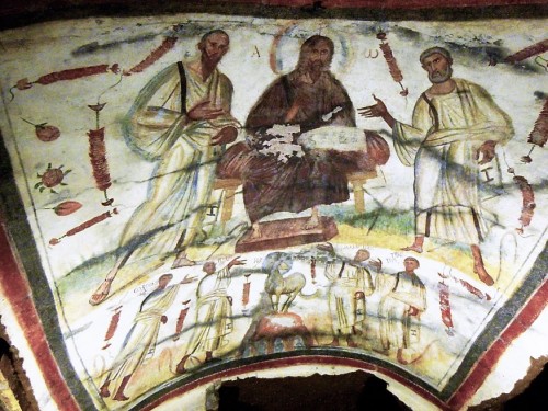 Chrystus między św. Piotrem i św. Pawłem, poniżej św. Marcelin, Piotr, Gorgoniusz i Tyburcjusz,  katakumby Santi Petrus e Marcelinus