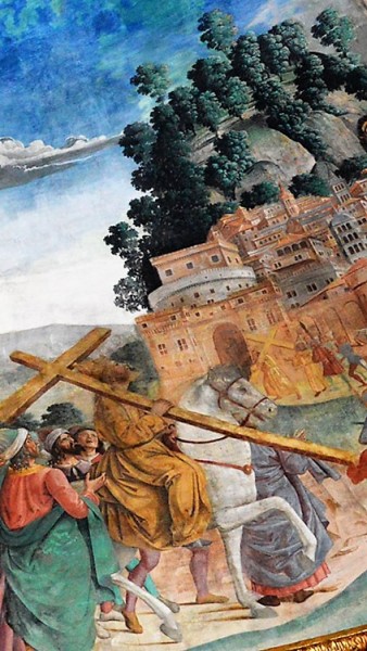 Wonderful finding of three crosses, Emperor Heraclius on his way to Jerusalem, fragment, Antoniazzo Romano, Basilica of Santa Croce in Gerusalemme, pic. Wikipedia