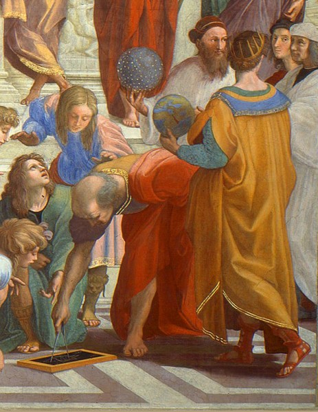 The School of Athens, Raphael, fragment, Euclid (drwaing), Zarathustra with a sky ball and Ptolemy with a globe, papal apartments (Stanza della Segnatura), Apostolic Palace- Musei Vaticani