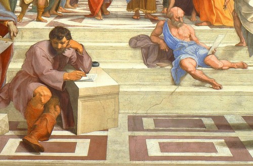 The School of Athens, Raphael, fragment, Heraclitus and Diogenes (on the right), papal apartments, Apostolic Palace