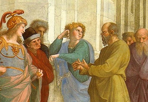 The School of Athens, Raphael, fragment, Socrates (in olive robe), Alkibiades (in armor) and Xenophon, papal apartments (Stanza della Segnatura), Apostolic Palace