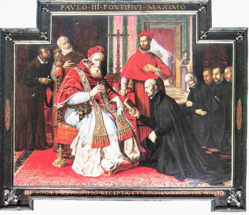 Papież Paweł III z Ignacym Loyolą i jezuitami, w tyle kardynał nepot Alessandro Farnese (wnuk papieża), kościół Il Gesù