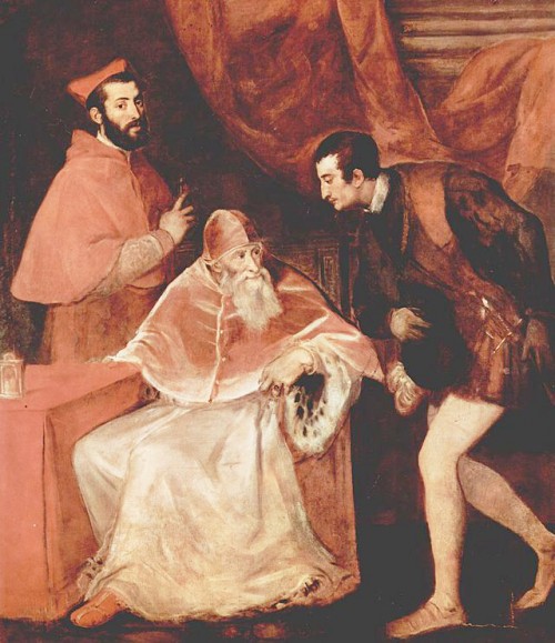 Portrait of Pope Paul III with grandsons – nepots, Titian, pic. Wikipedia
