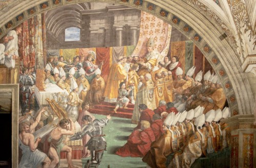 Koronacja Karola Wlk., Rafael i jego warsztat, Stanza dell’Incendio di Borgo, Pałac Apostolski, zdj. Wikipedia