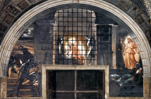 Uwolnienie św. Piotra z więzienia, Rafael i jego warsztat, Stanza di Eliodoro, Pałac Apostolski, zdj. Wikipedia