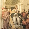 Wizerunek papieża Juliusza II poniżej fresku Cnota i Prawo, Stanza della Segnatura, Pałac Apostolski, Rafael