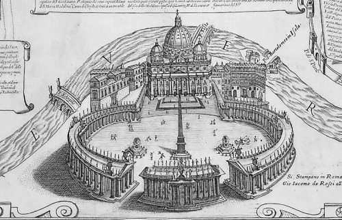 Początkowe założenie placu św. Piotra i kolumnady wg projektu Gian Lorenzo Berniniego, Giacomo Lauro, 1599 r., zdj. Wikipedia