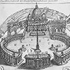 Początkowe założenie placu św. Piotra i kolumnady wg projektu Gian Lorenzo Berniniego, Giacomo Lauro, 1599 r., zdj. Wikipedia