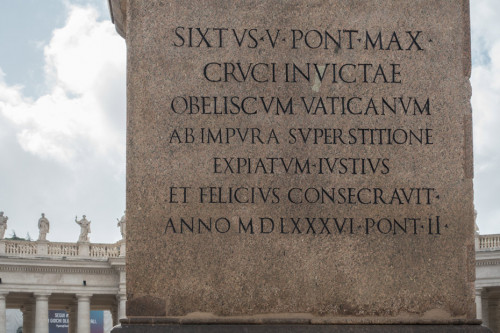 Obelisk Vaticano, inscription praising Pope Sixtus V.