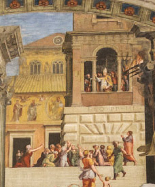 Pożar Borgo, Rafael ze współpracownikami, fresk, fragment ukazujący starą bazylikę św. Piotra, Stanza dell'Incendio di Borgo, pałac Apostolski