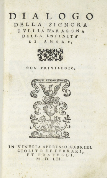 Tullia d'Aragona, Dialogi o nieskończoności miłości, karta tytułowa, 1522, zdj. Wikipedia