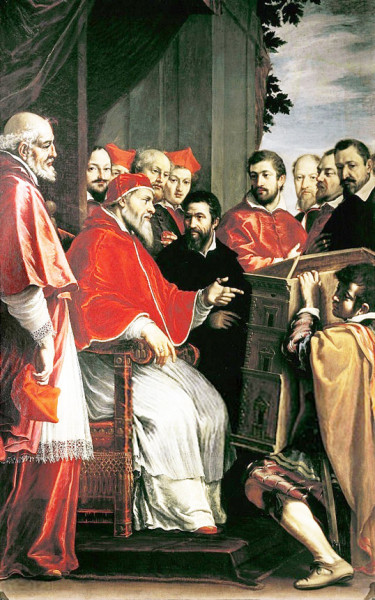Michał Anioł prezentuje papieżowi Juliuszowi III model Palazzo del Tribunale di Ruota, Fabrizio Boschi, zdj. Wikipedia