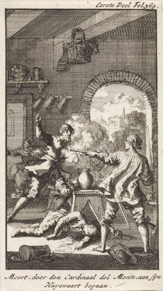 Kardynał Innocenzo del Monte strzela w tawernie i zabija dwie osoby, rycina - Jan Luyken, 1667, zdj. Wikipedia