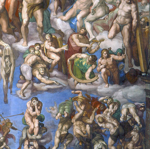 The Last Judgment, Michelangelo, St. Blaise  and St. Catherine of Alexandria after the intervention of Daniele da Volterry, Apostolic Palace, pic. Wikipedia