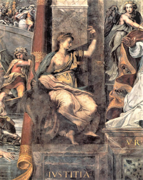 Sala Konstantyna (Stanze Rafaela) personifikacja Sprawiedliwości (Iustizia), malowidło przypisywane Rafaelowi, Pałac Apostolski (Musei Vaticani)