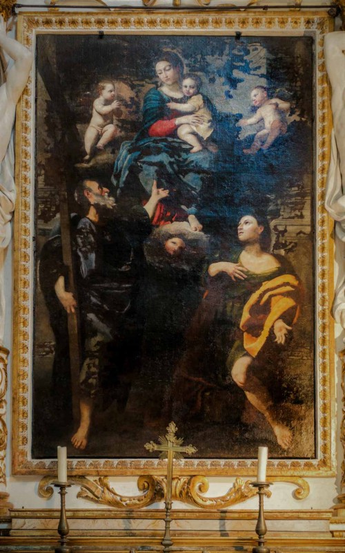 Domenichino, Madonna z Dzieciątkiem w otoczeniu śś. Jakuba i Filipa, kościół San Lorenzo in Miranda (zły stan zachowania)