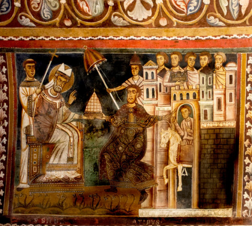 Pope Sylvester receives the phrygium from Emperor Constantine, S. Silvestro Oratory at the church SS Quattro Coronati