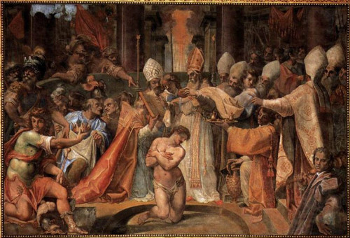 Pope Sylvester baptizes Emperor Constantine, Cristoforo Roncalli - S. Giovanni Baptistery, pic. Wikipedia