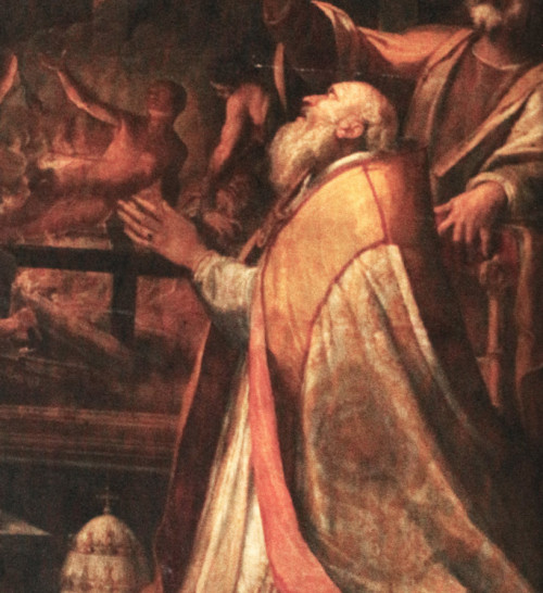 Św. Damazy i Koronacja Marii (fragment), absyda kościoła San Lorenzo in Damaso, Federico Zuccari, zdj. Wikipedia
